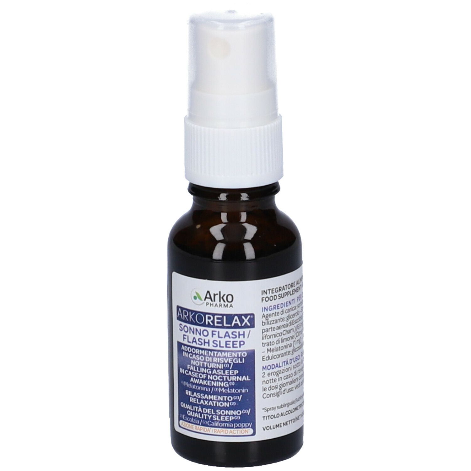 Flacone di vetro marrone con erogatore bianco. Etichetta con nome del prodotto e informazioni. Arko Pharma Arkorelax Sonno Flash Sleep.