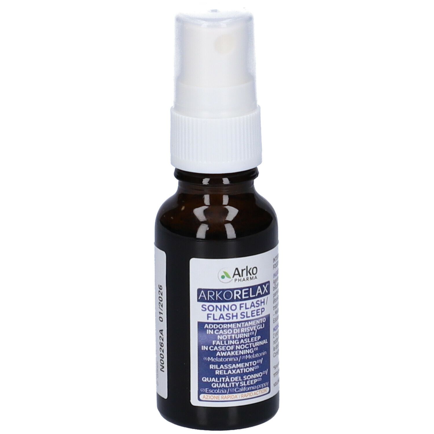 Flacone di vetro marrone con erogatore bianco. Etichetta con nome del prodotto e informazioni. Arko Pharma Arkorelax Sonno Flash Sleep.
