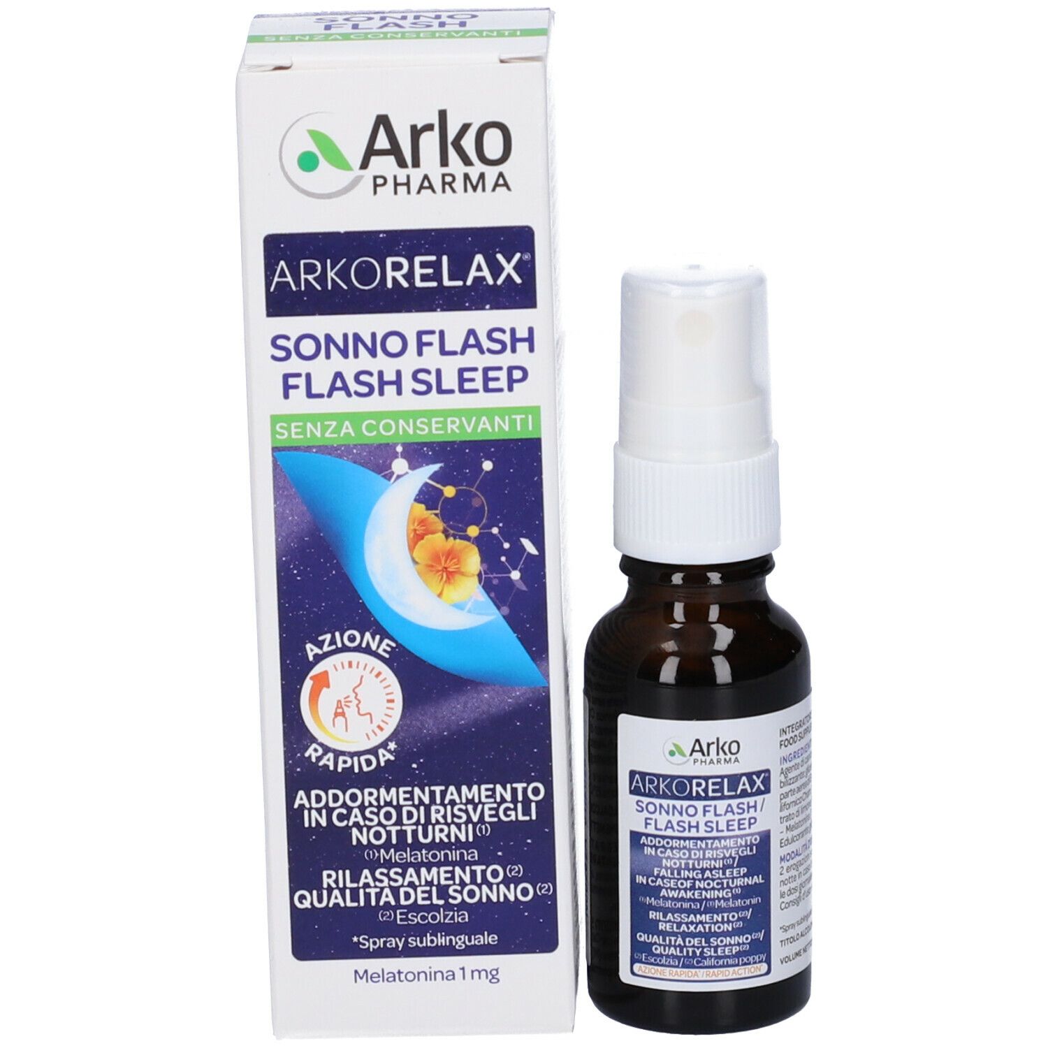 Flacone e confezione. Arko Pharma Arkorelax Sonno Flash Sleep. Confezione con motivo luna e stelle.