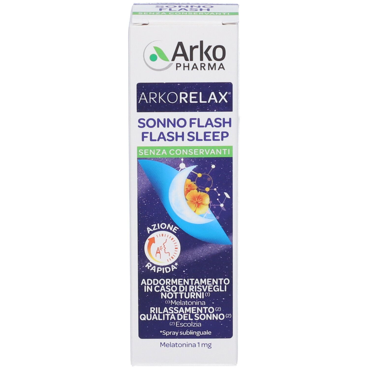 Confezione del prodotto. Arko Pharma Arkorelax Sonno Flash Sleep. Confezione con motivo luna e stelle.