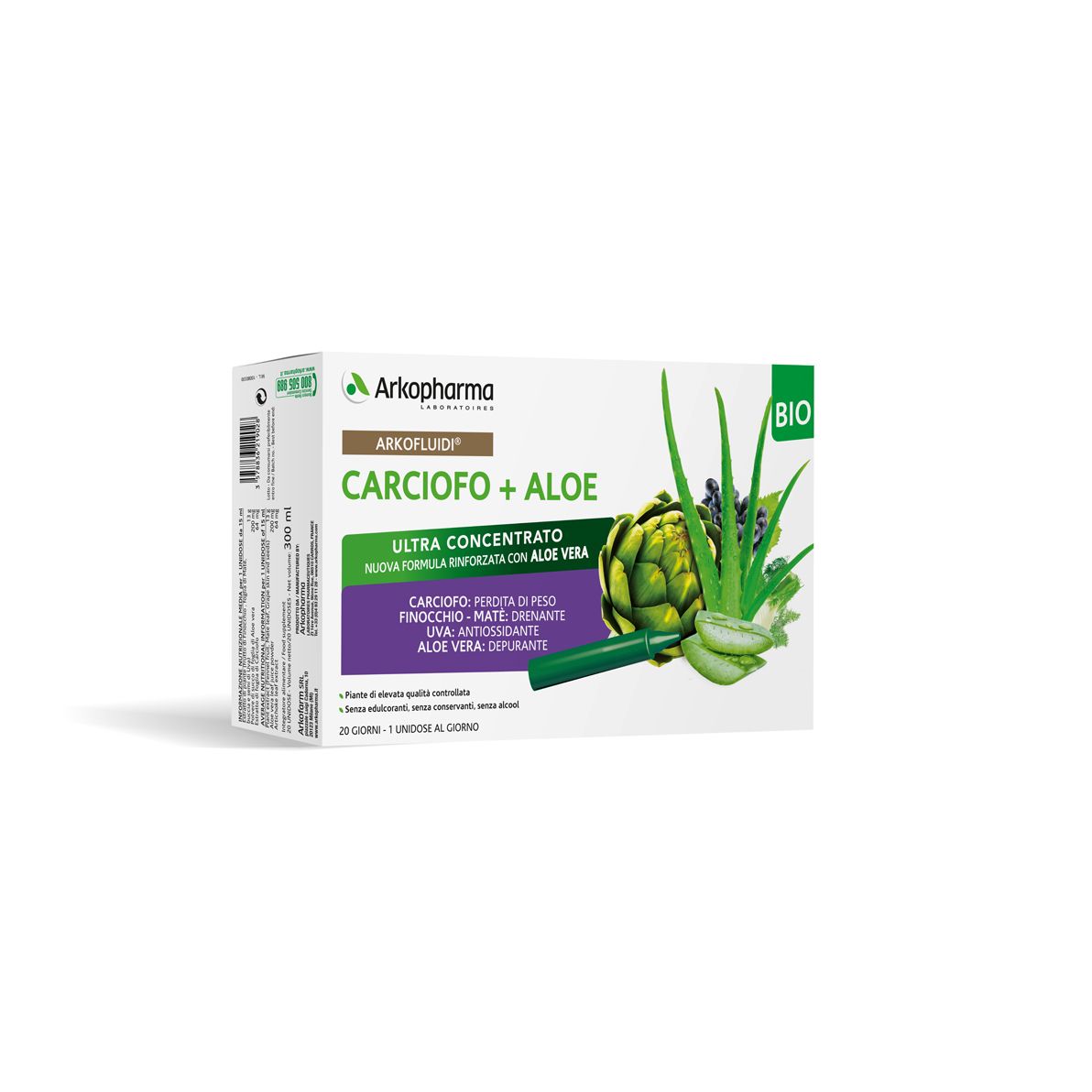 Scatola Arkofluidi Carciofo+Aloe Vera. Contiene carciofo e aloe vera. Certificazione biologica.