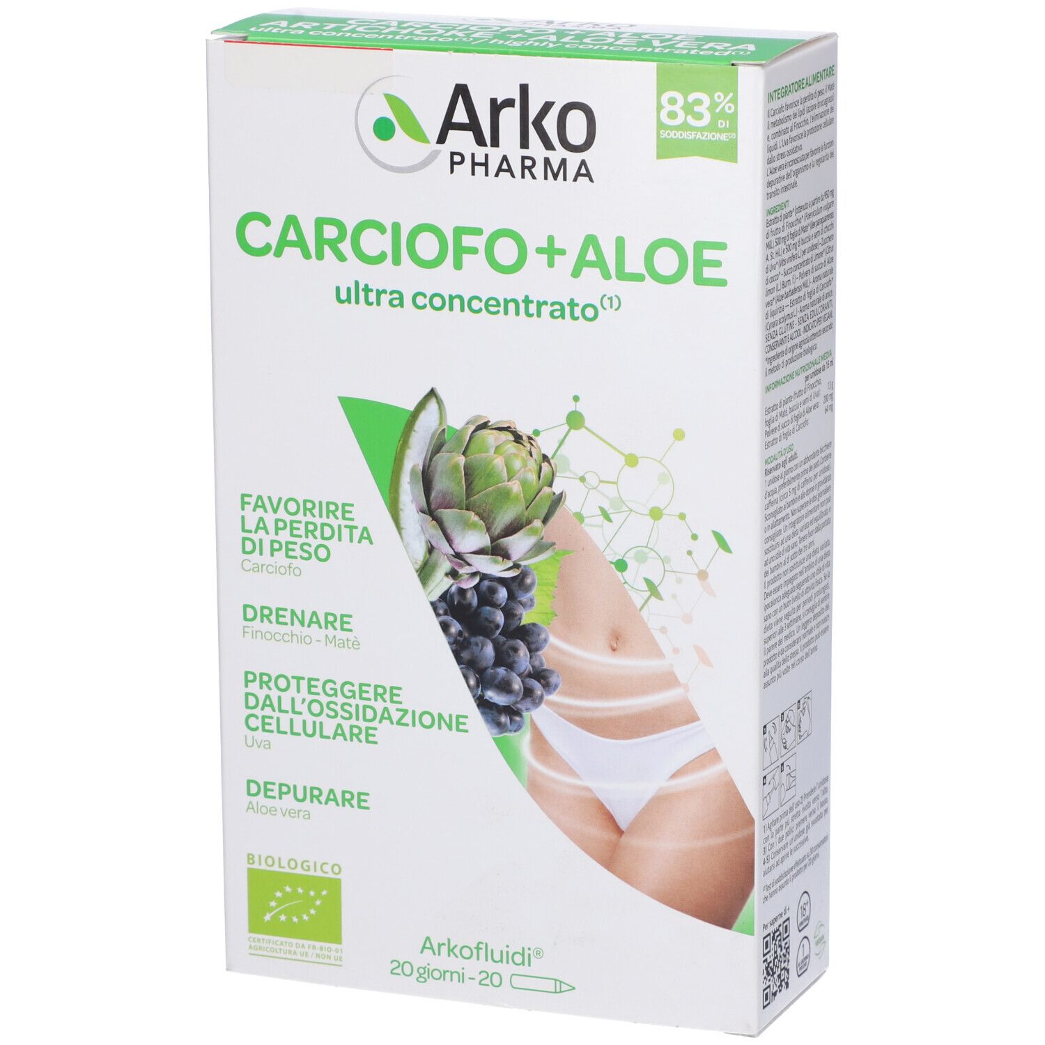 Confezione Arkofluidi Carciofo+Aloe Vera. Contiene carciofo e aloe vera. Con illustrazione.