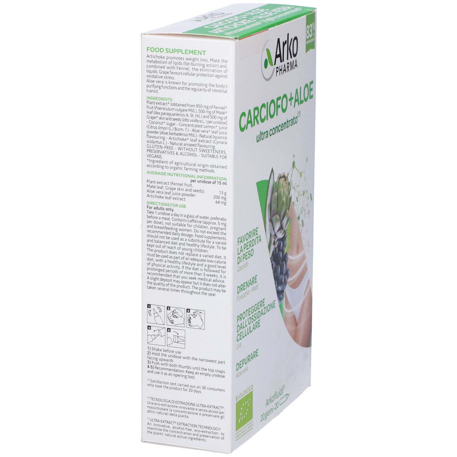 Vista laterale della confezione Arkofluidi Carciofo+Aloe Vera. Contiene carciofo e aloe vera.