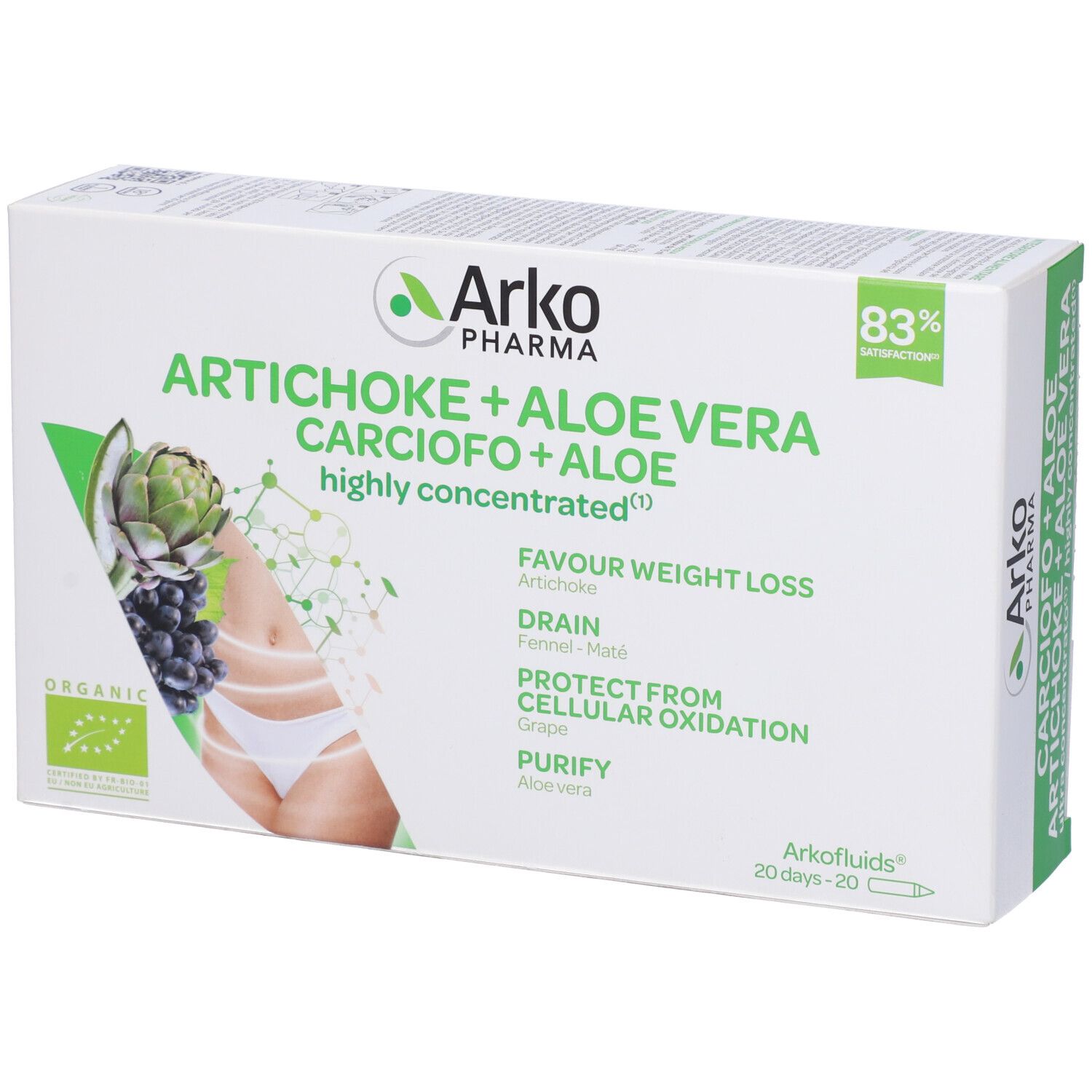 Confezione Arkofluidi Carciofo+Aloe Vera. Contiene carciofo e aloe vera. Con illustrazione.