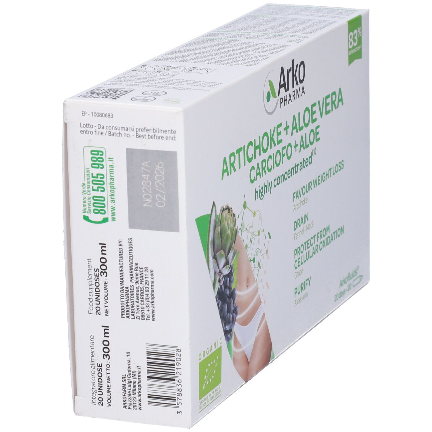 Confezione Arkofluidi Carciofo+Aloe Vera. Contiene carciofo e aloe vera. Con illustrazione.