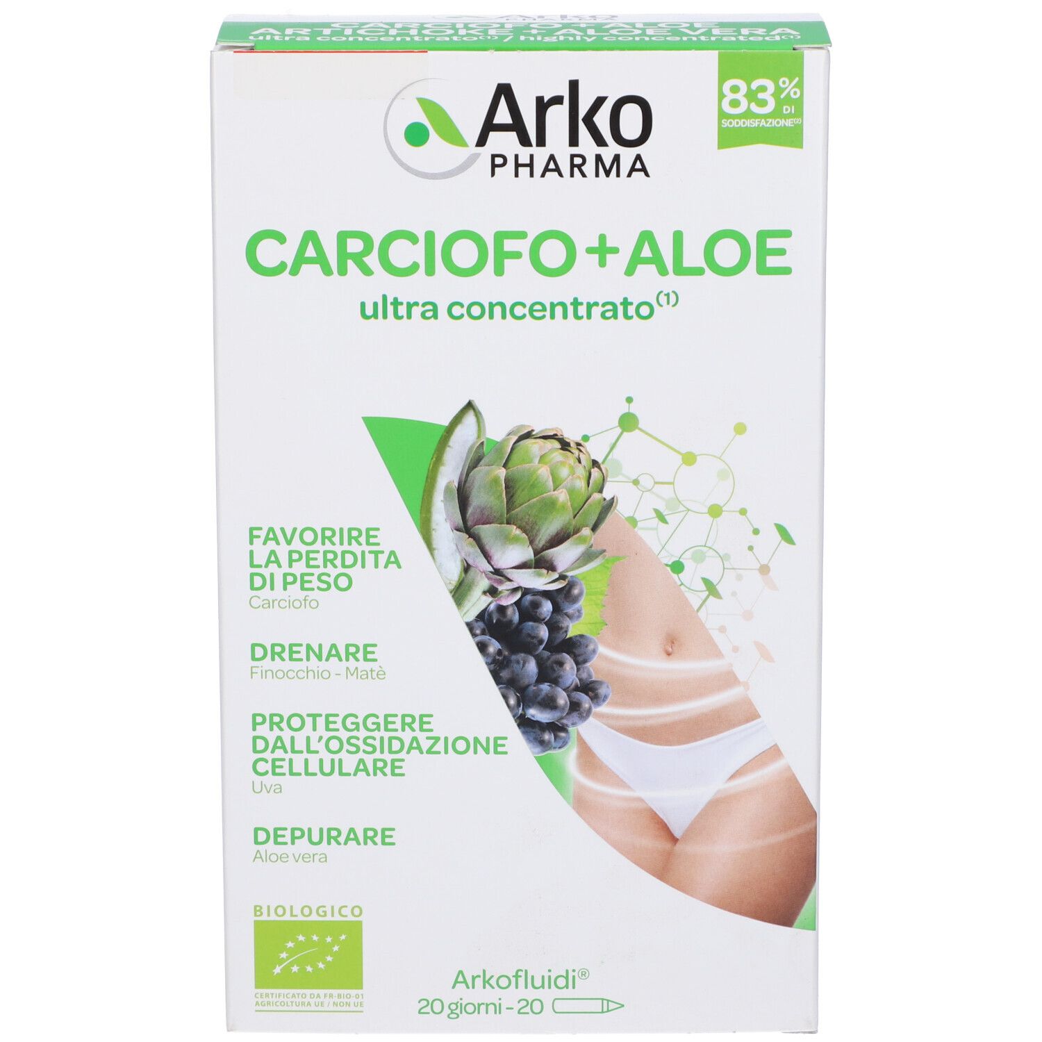 Confezione Arkofluidi Carciofo+Aloe Vera. Contiene carciofo e aloe vera. Con illustrazione.