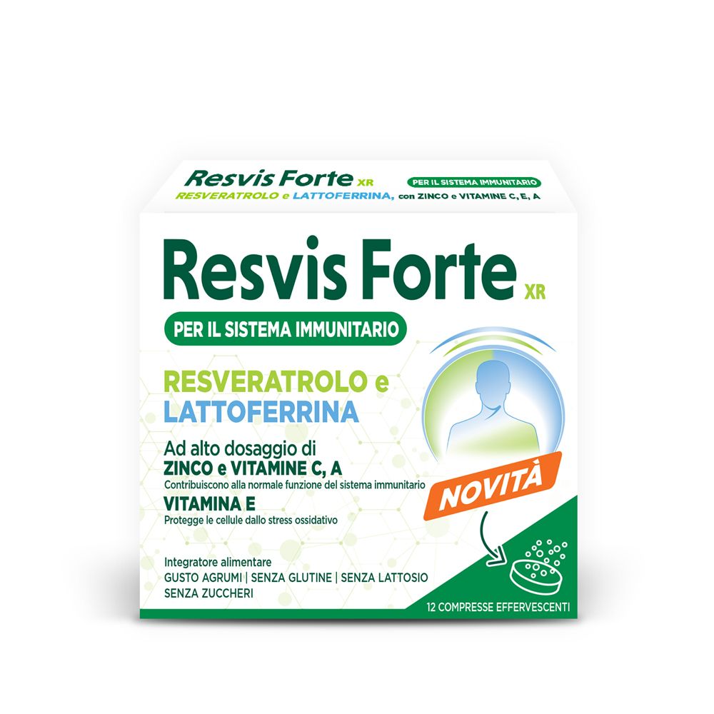 Scatola di Resvis Forte XR. Contiene resveratrolo, lattoferrina, zinco, vitamine C, A ed E. 12 compresse effervescenti.