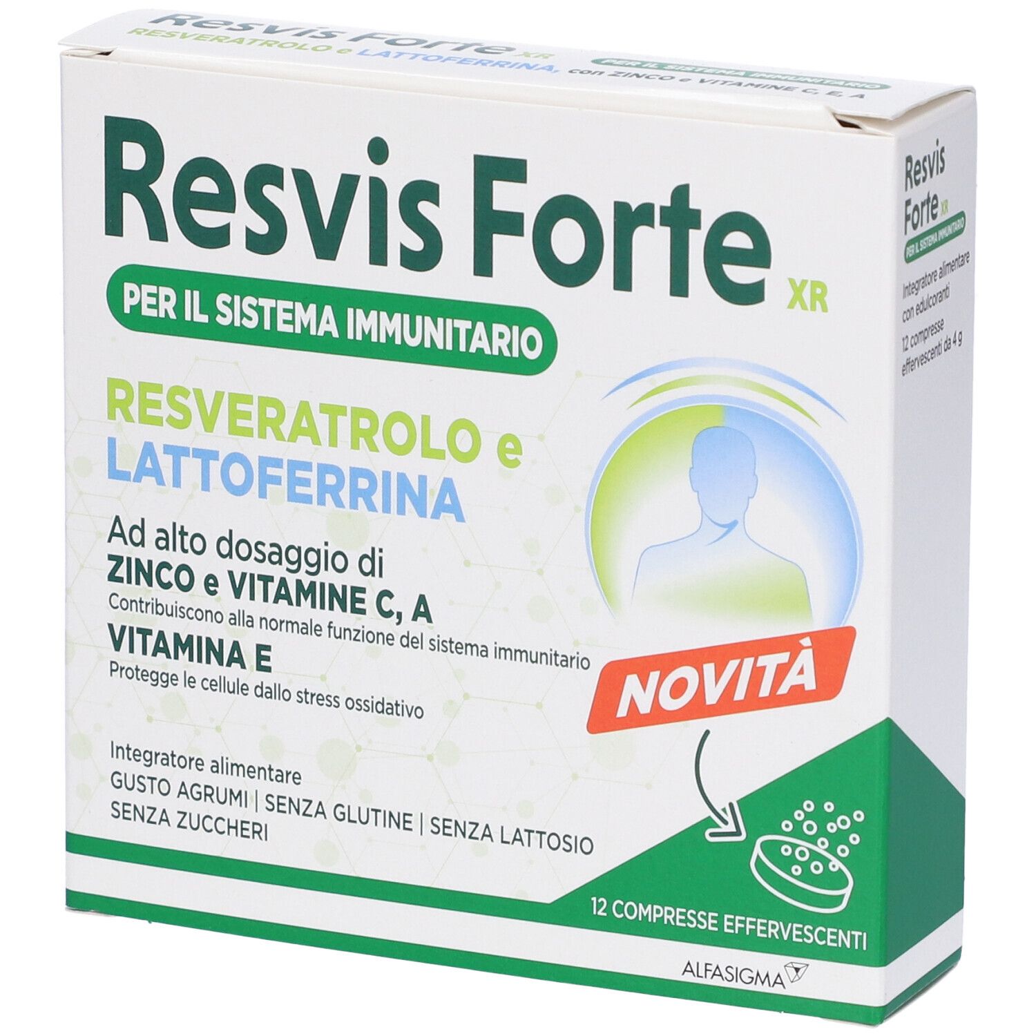 Scatola di Resvis Forte XR. Contiene resveratrolo, lattoferrina, zinco, vitamine C, A ed E. 12 compresse effervescenti.