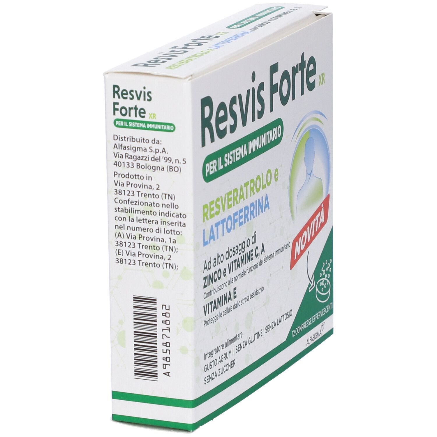 Scatola di Resvis Forte XR. Retro con testo e ingredienti. Indirizzo del produttore.