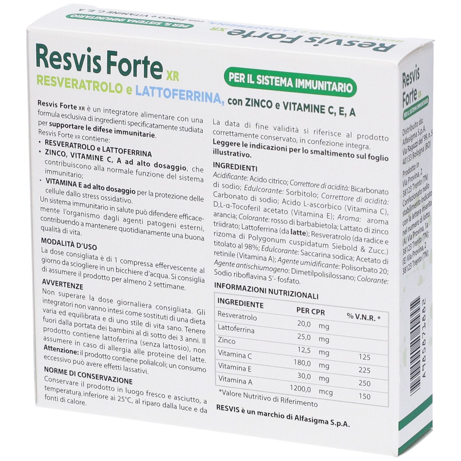 Scatola di Resvis Forte XR. Retro con testo e ingredienti. Indirizzo del produttore.
