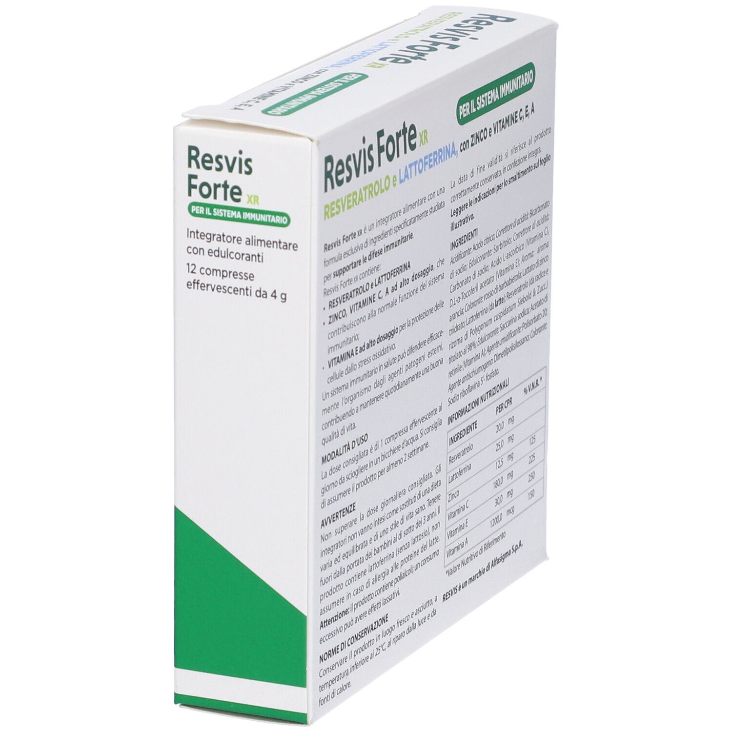 Scatola di Resvis Forte XR. Contiene resveratrolo, lattoferrina, zinco, vitamine C, A ed E. 12 compresse effervescenti.