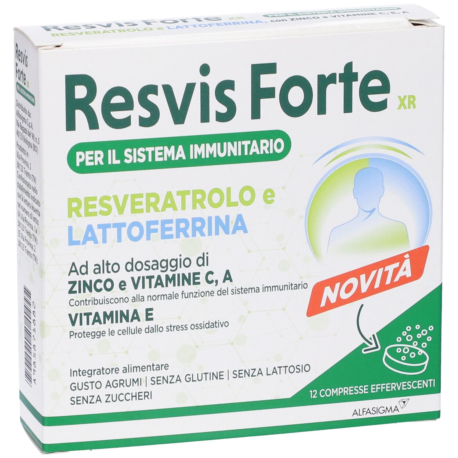 Scatola di Resvis Forte XR. Contiene resveratrolo, lattoferrina, zinco, vitamine C, A ed E. 12 compresse effervescenti.