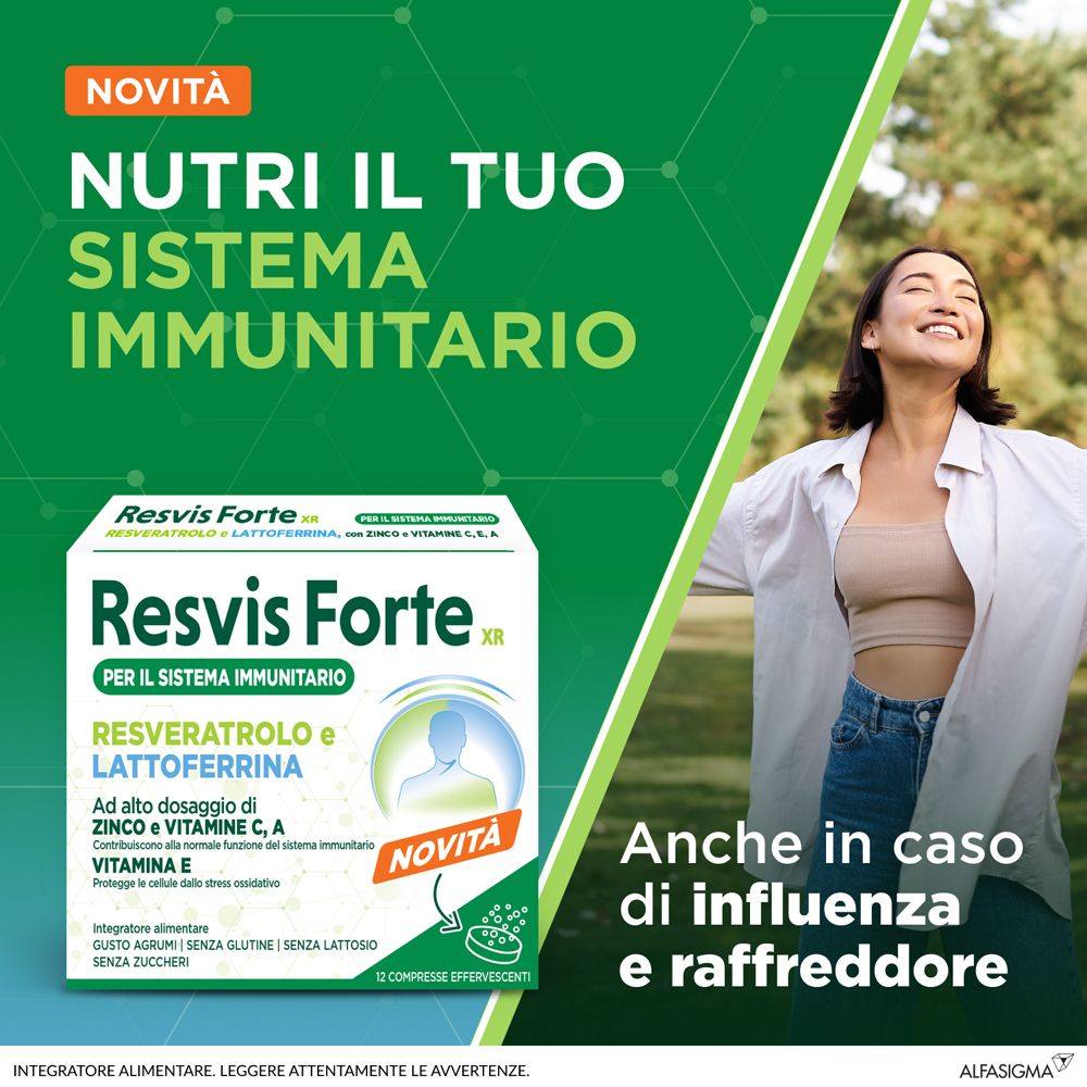 Pubblicità per Resvis Forte XR. Donna all'aperto. Testo: Nutri il tuo sistema immunitario. Anche in caso di influenza e raffreddore.