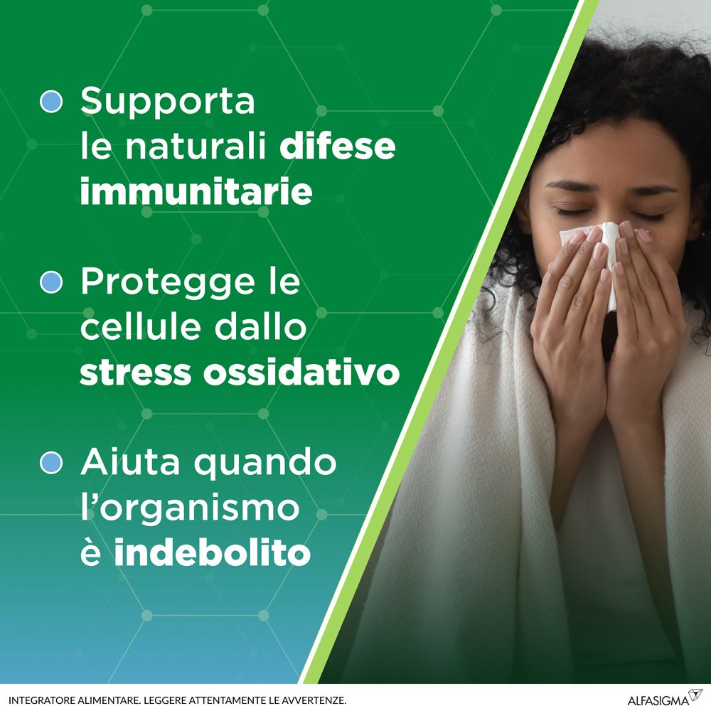 Grafica con testo. Supporta le difese immunitarie naturali. Protegge le cellule dallo stress ossidativo. Aiuta quando l'organismo è indebolito.