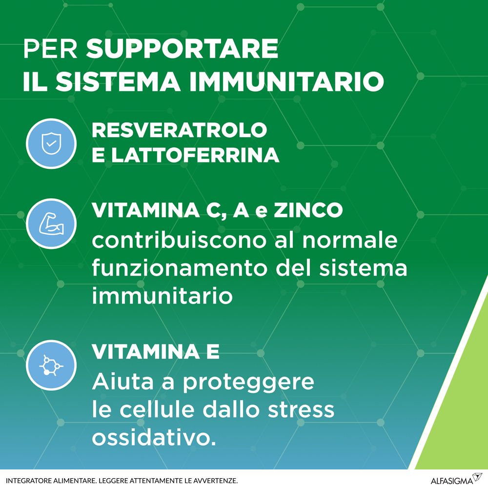 Grafica con testo. Resveratrolo e lattoferrina. Vitamina C, A e zinco. Vitamina E. Aiuta a proteggere le cellule dallo stress ossidativo.