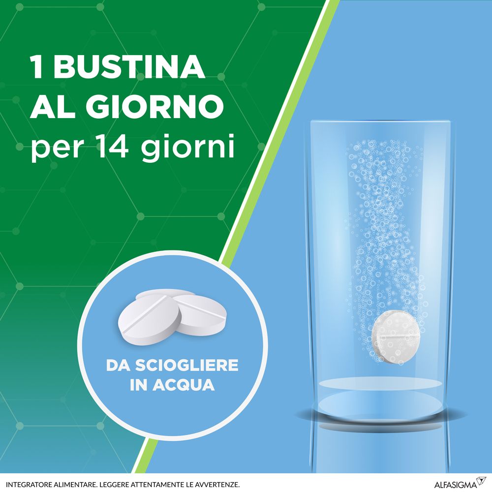Bicchiere d'acqua e due compresse. Una compressa si scioglie in acqua. Testo: 1 bustina al giorno per 14 giorni.