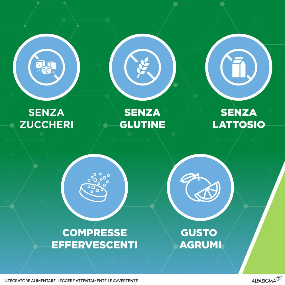 Simboli circolari. Senza zuccheri, glutine, lattosio. Compresse effervescenti. Gusto agrumi.