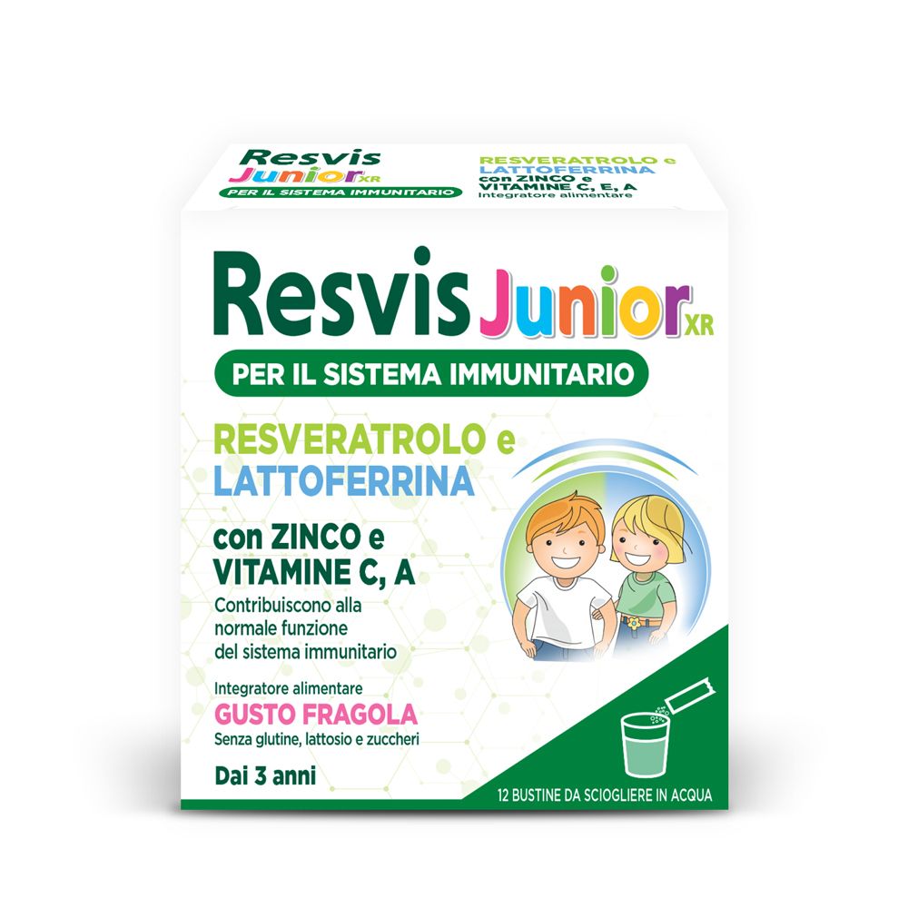 Boîte de Resvis Junior XR. Contient 12 sachets à dissoudre dans l'eau. Goût fraise. Pour enfants dès 3 ans.