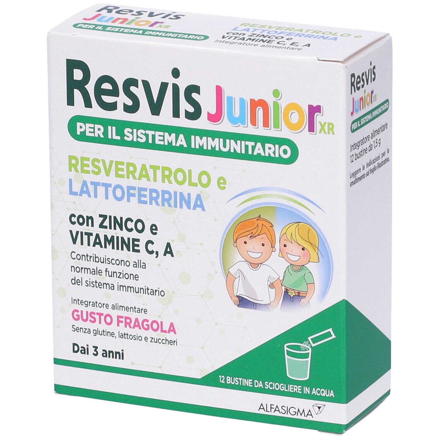 Boîte de Resvis Junior XR. Contient 12 sachets à dissoudre dans l'eau. Goût fraise. Pour enfants dès 3 ans.