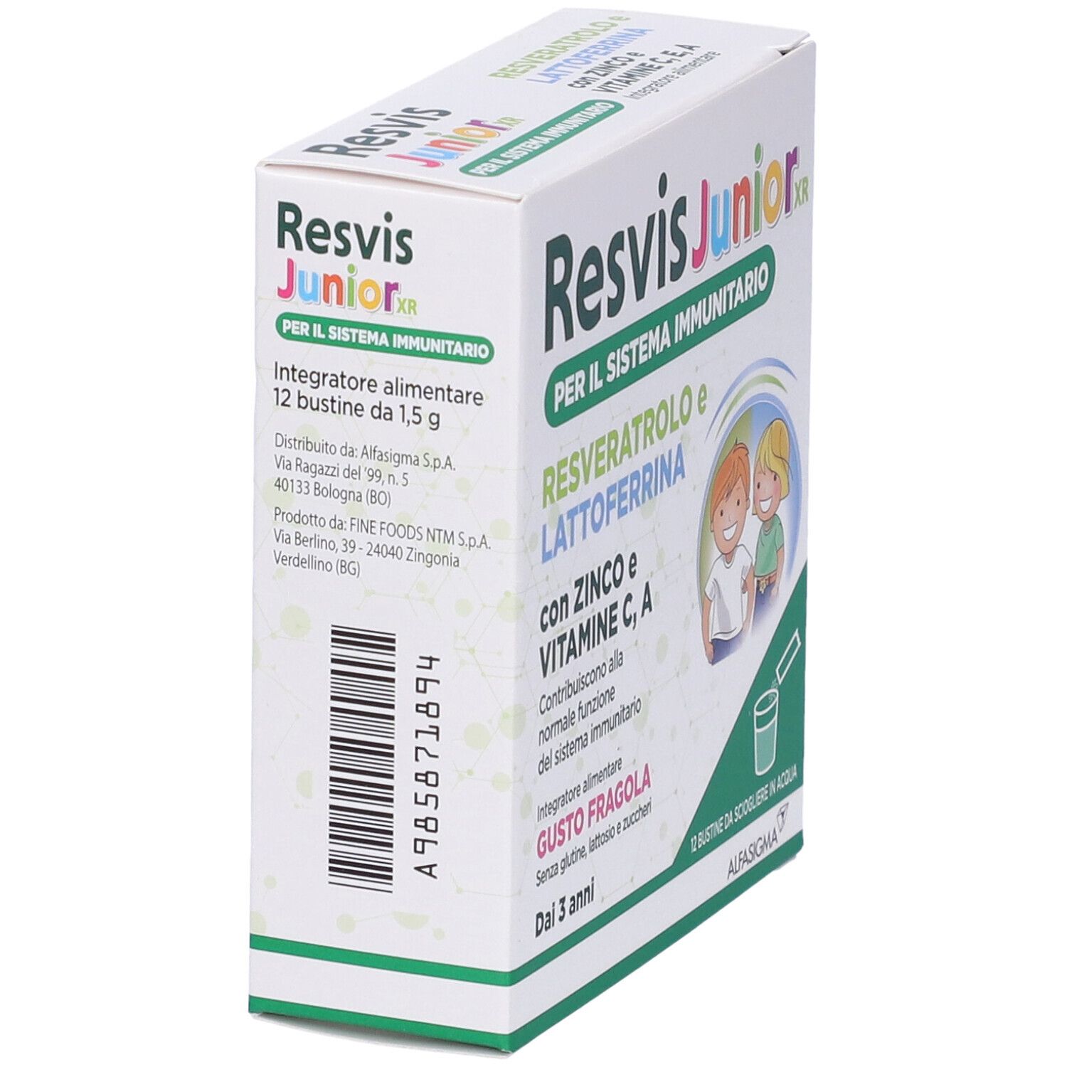 Emballage Resvis Junior XR. Vue latérale. Contient 12 sachets. Texte et logo.