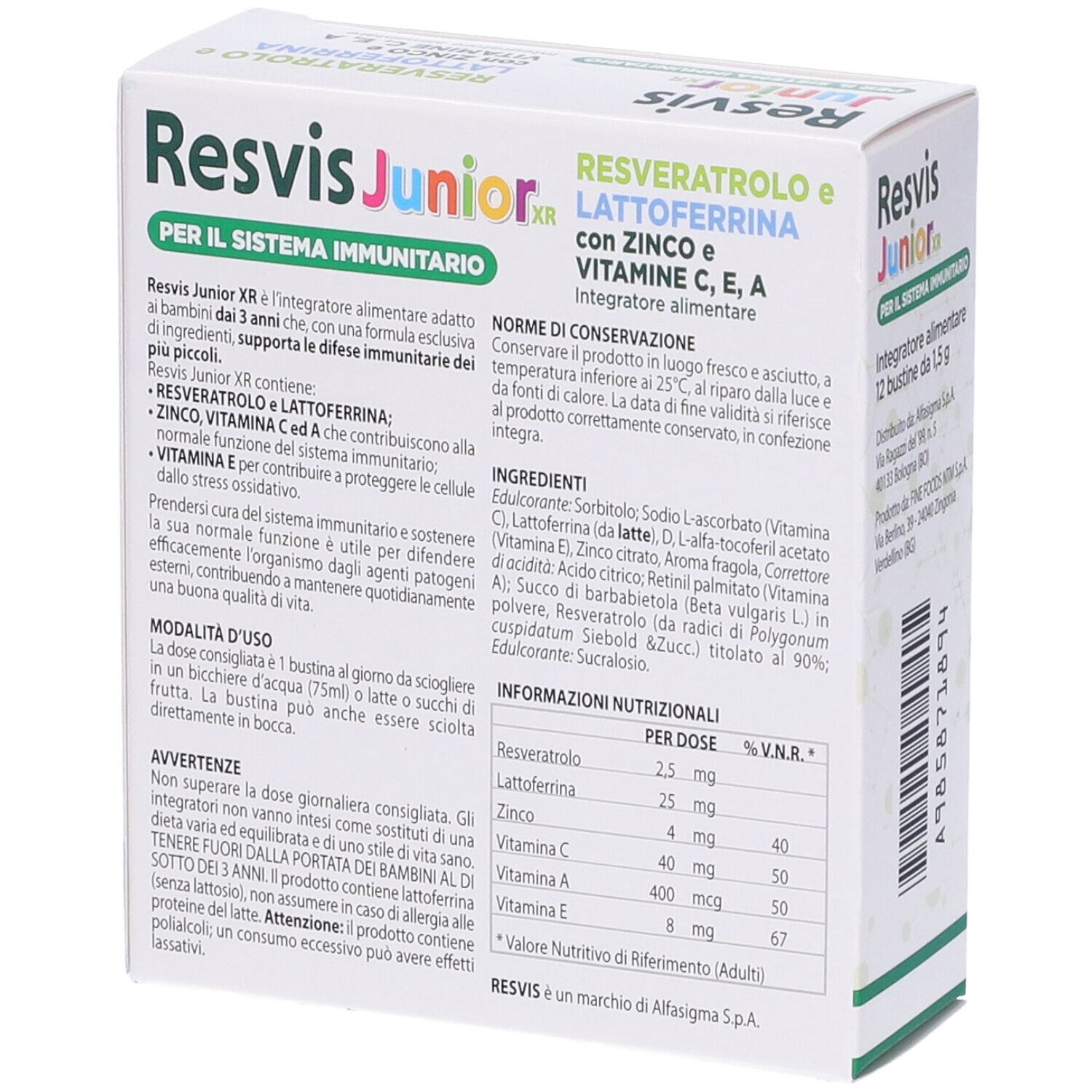 Emballage Resvis Junior XR. Dos avec ingrédients et instructions d'utilisation. 12 sachets.