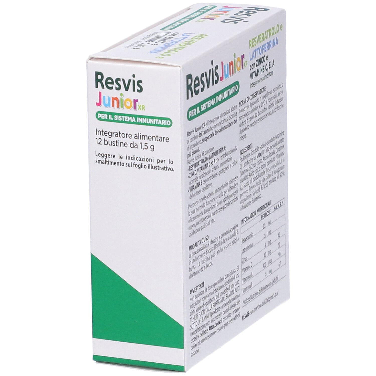 Emballage Resvis Junior XR. Dos avec ingrédients et instructions d'utilisation. 12 sachets.