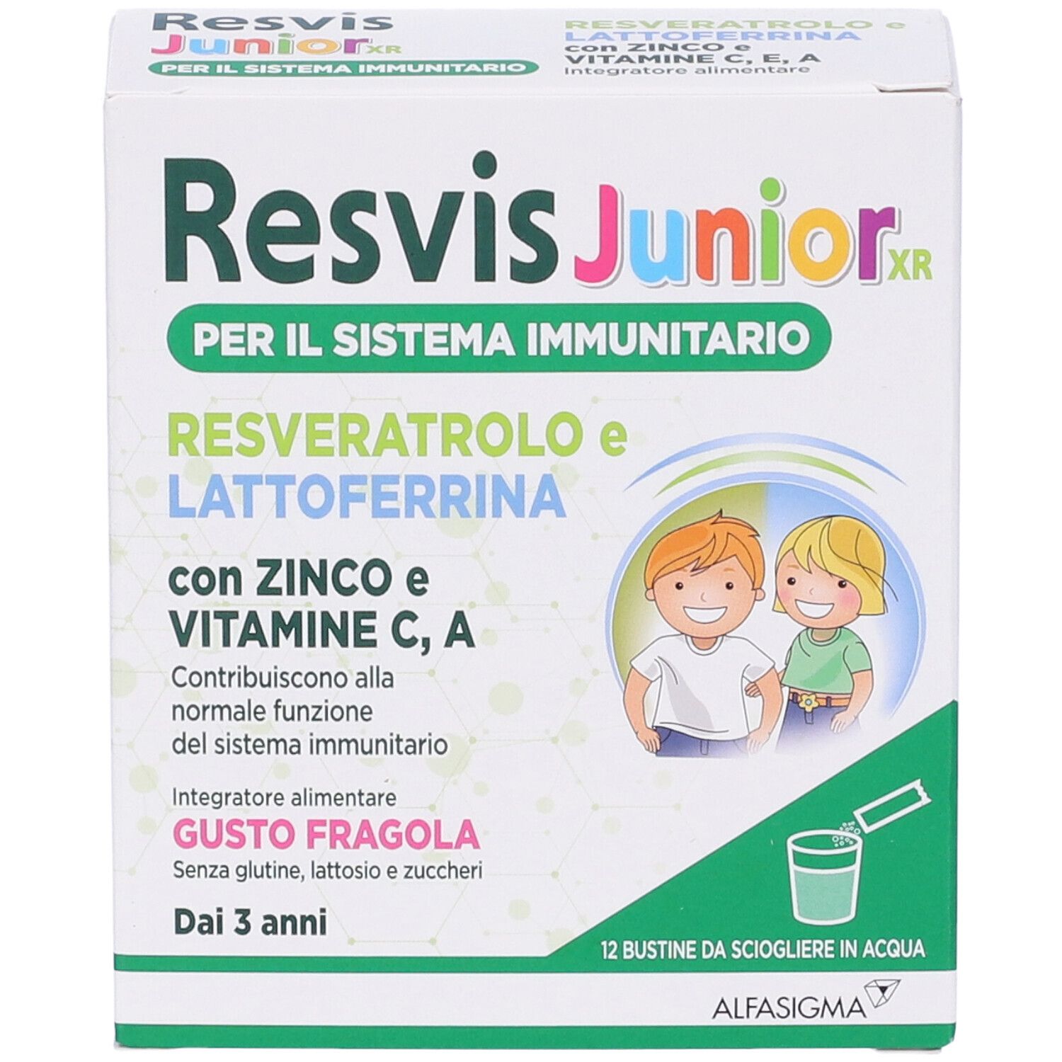 Boîte de Resvis Junior XR. Contient 12 sachets à dissoudre dans l'eau. Goût fraise. Pour enfants dès 3 ans.