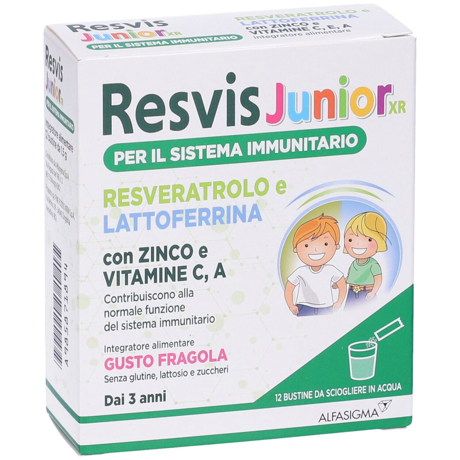 Boîte de Resvis Junior XR. Contient 12 sachets à dissoudre dans l'eau. Goût fraise. Pour enfants dès 3 ans.