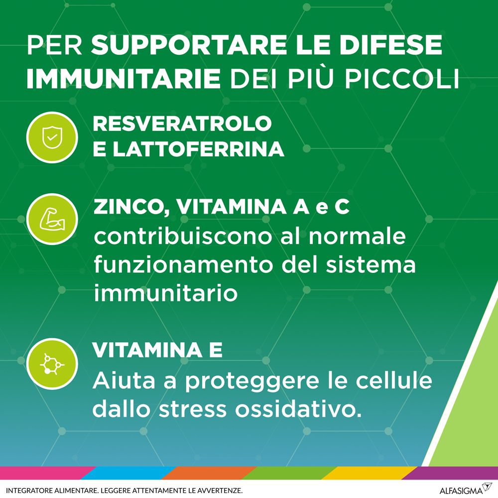Texte: Soutient les défenses immunitaires des plus petits. Resvératrol et lactoferrine, zinc, vitamines A et C, vitamine E.