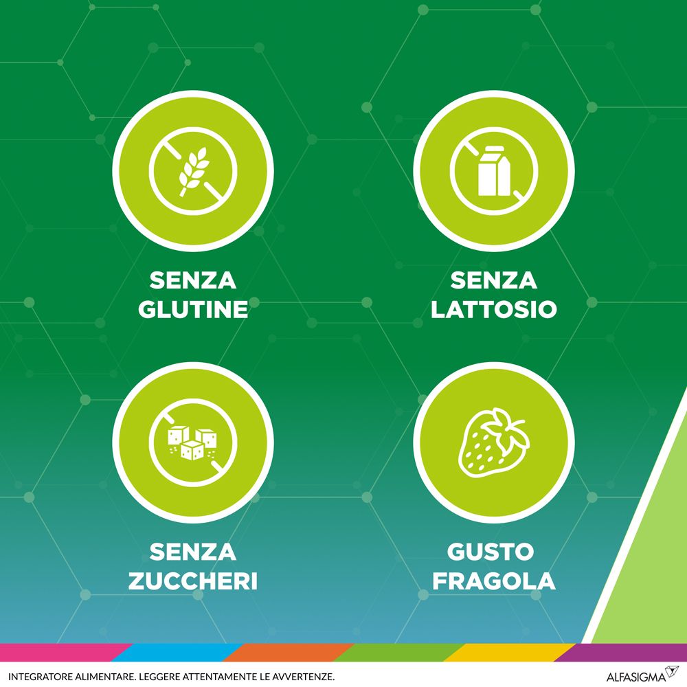 Symboles: Sans gluten, lactose, sucres, goût fraise. Sur fond vert.