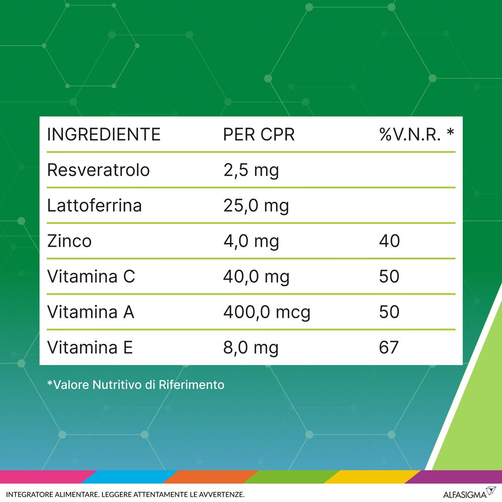 Tableau des ingrédients de Resvis Junior XR. Contient du resvératrol, de la lactoferrine, du zinc, des vitamines C, A et E.
