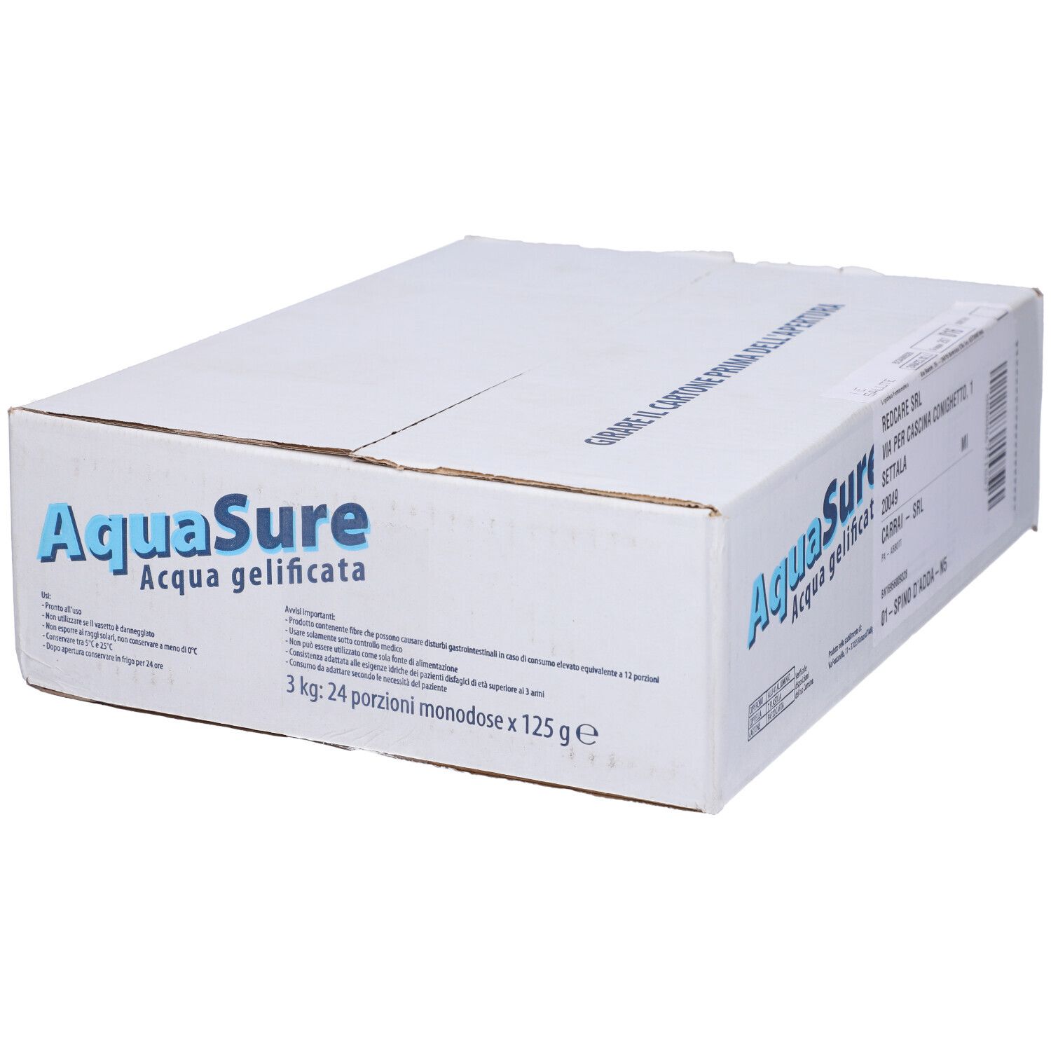 Scatola di cartone bianca con logo AquaSure e testo. Scritto: Acqua gelificata. Contiene 24 porzioni da 125g.