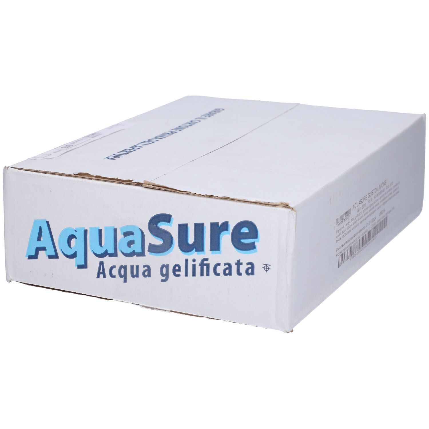 Scatola di cartone bianca con logo AquaSure e testo. Scritto: Acqua gelificata. Scritta blu.