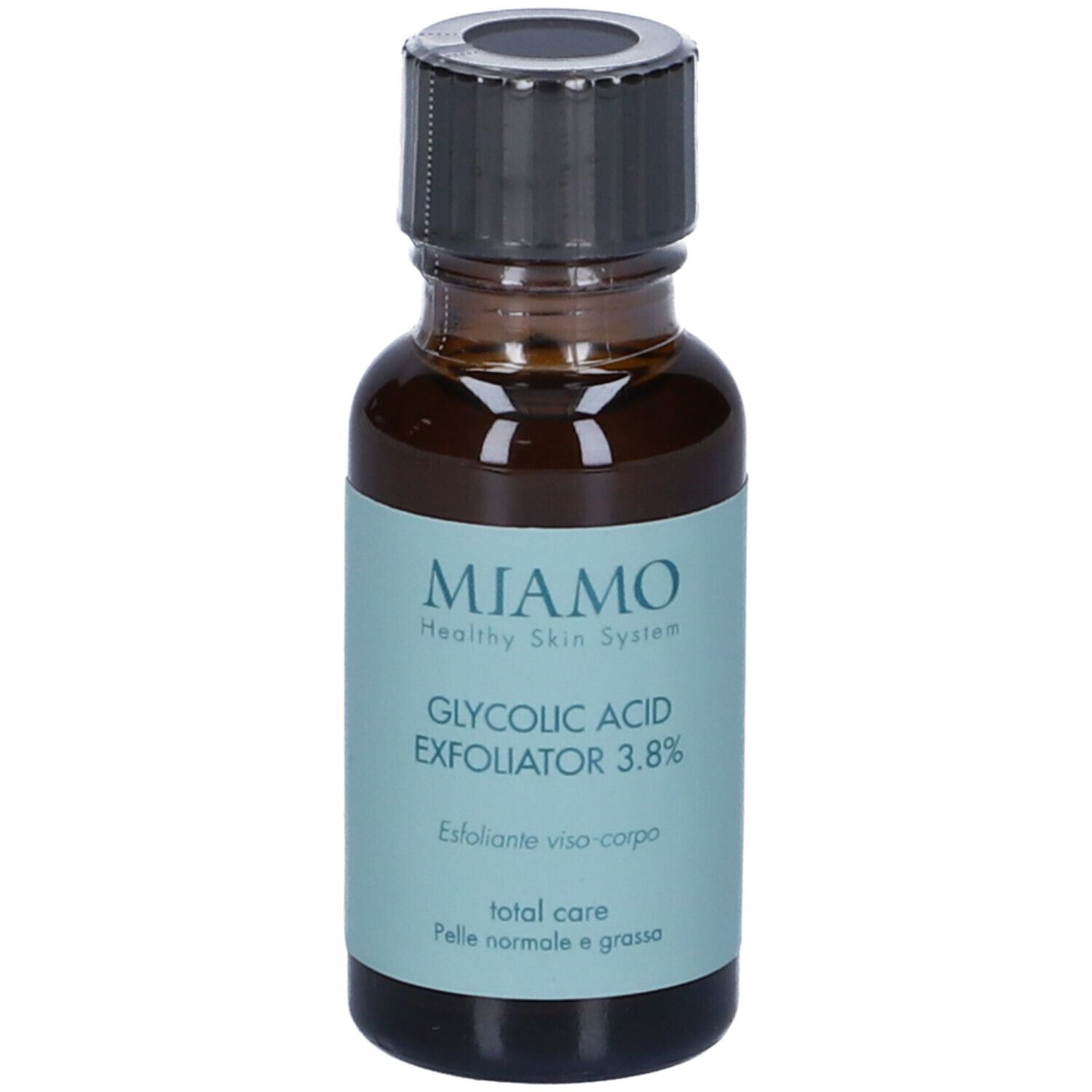 Flacone di vetro marrone con tappo nero. Scritta: Miamo, Glycolic Acid Exfoliator 3.8%. Per pelli normali e grasse.