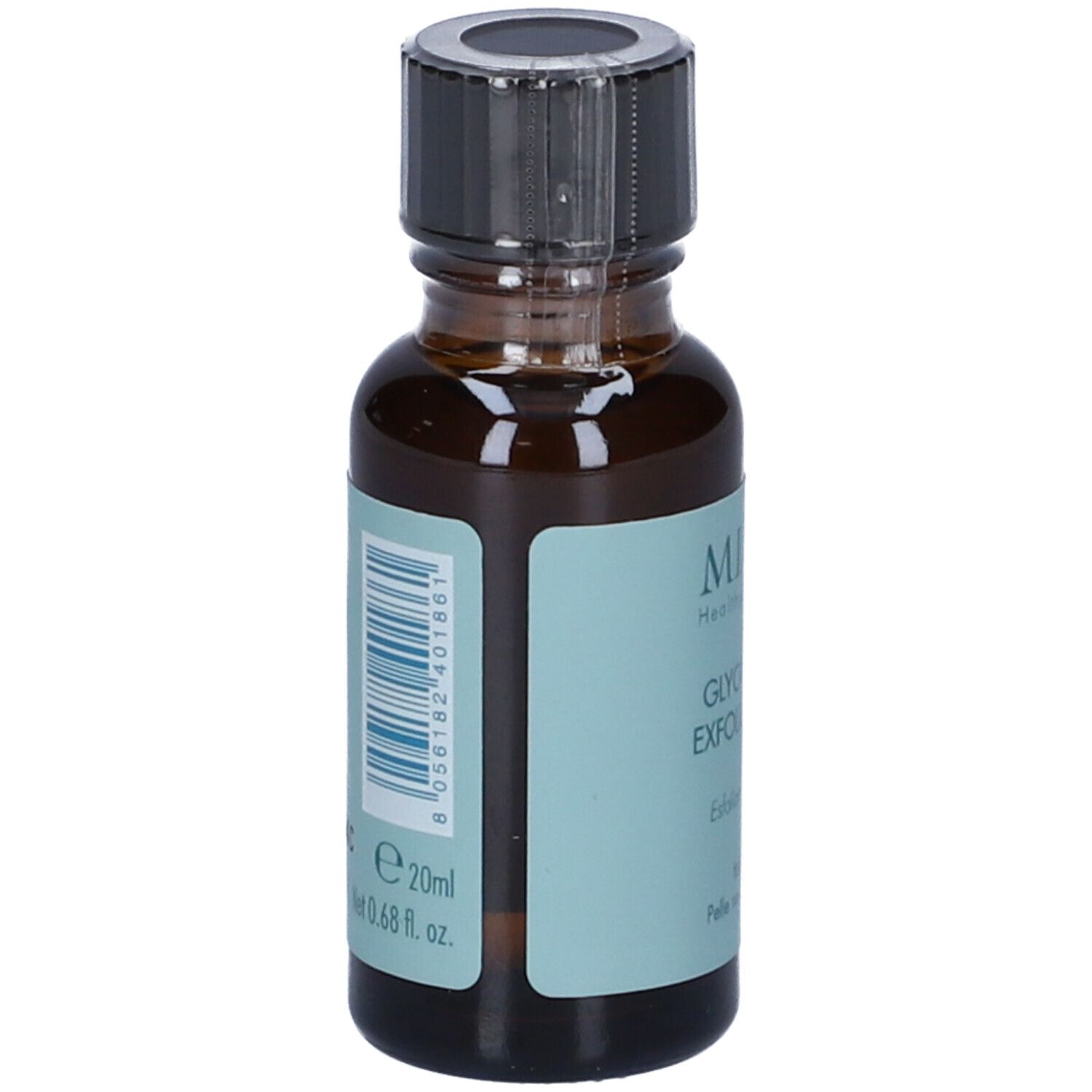 Flacone di vetro marrone con tappo nero. Etichetta con codice a barre e testo. Volume: 20ml.