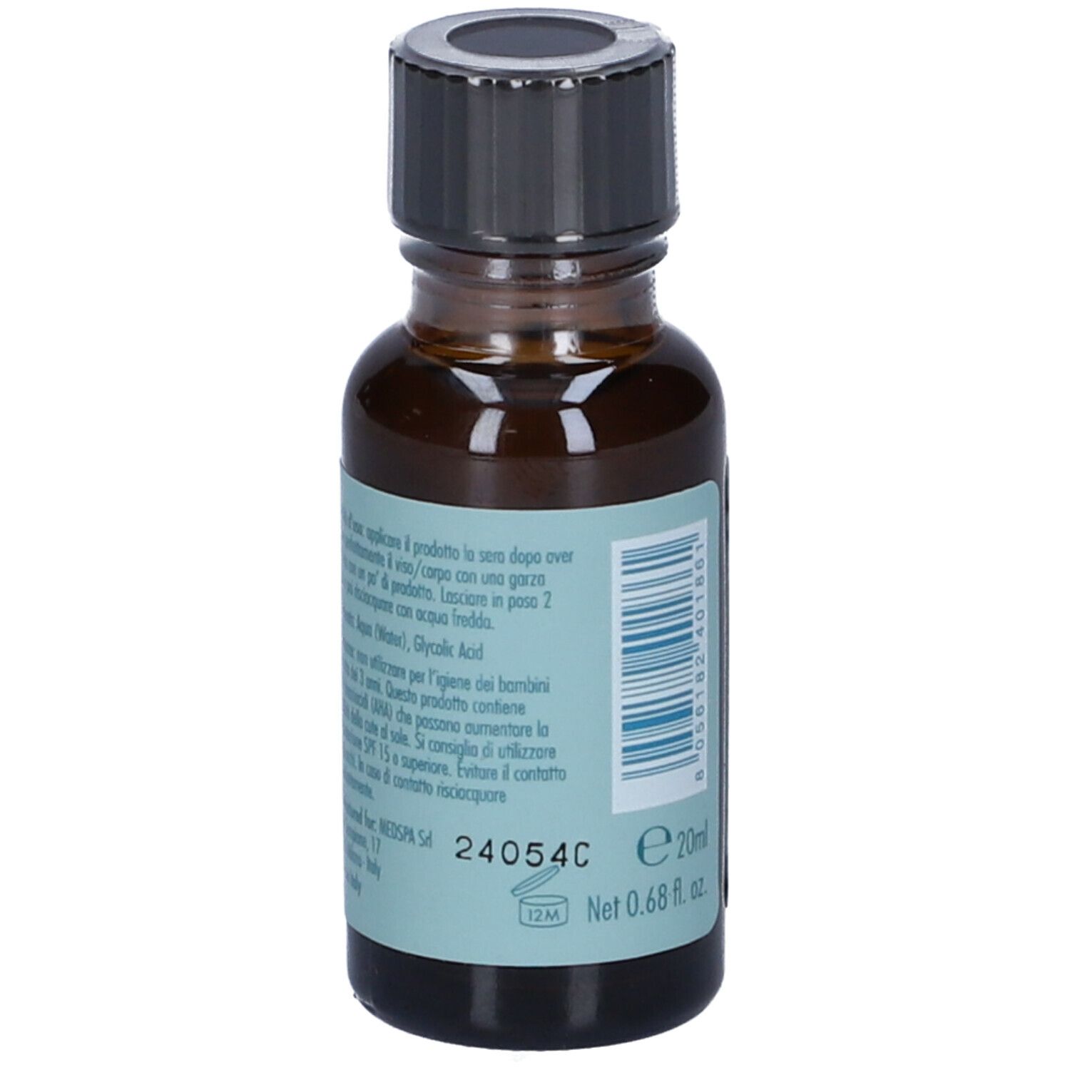 Flacone di vetro marrone con tappo nero. Etichetta con testo. Volume: 20ml. Durata: 12M.
