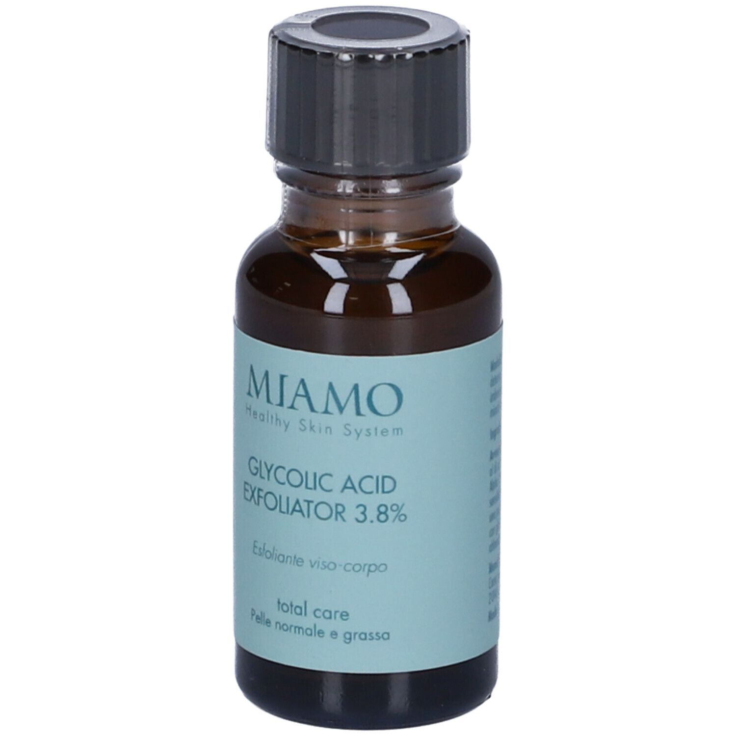 Flacone di vetro marrone con tappo nero. Scritta: Miamo, Glycolic Acid Exfoliator 3.8%. Per pelli normali e grasse.