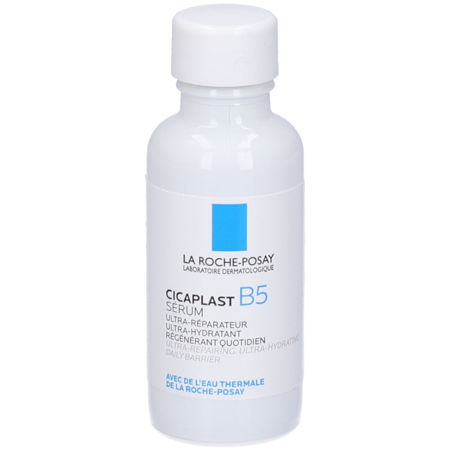 Flacone bianco con quadrato blu e scritta La Roche-Posay. Nome del prodotto Cicaplast B5 Serum.