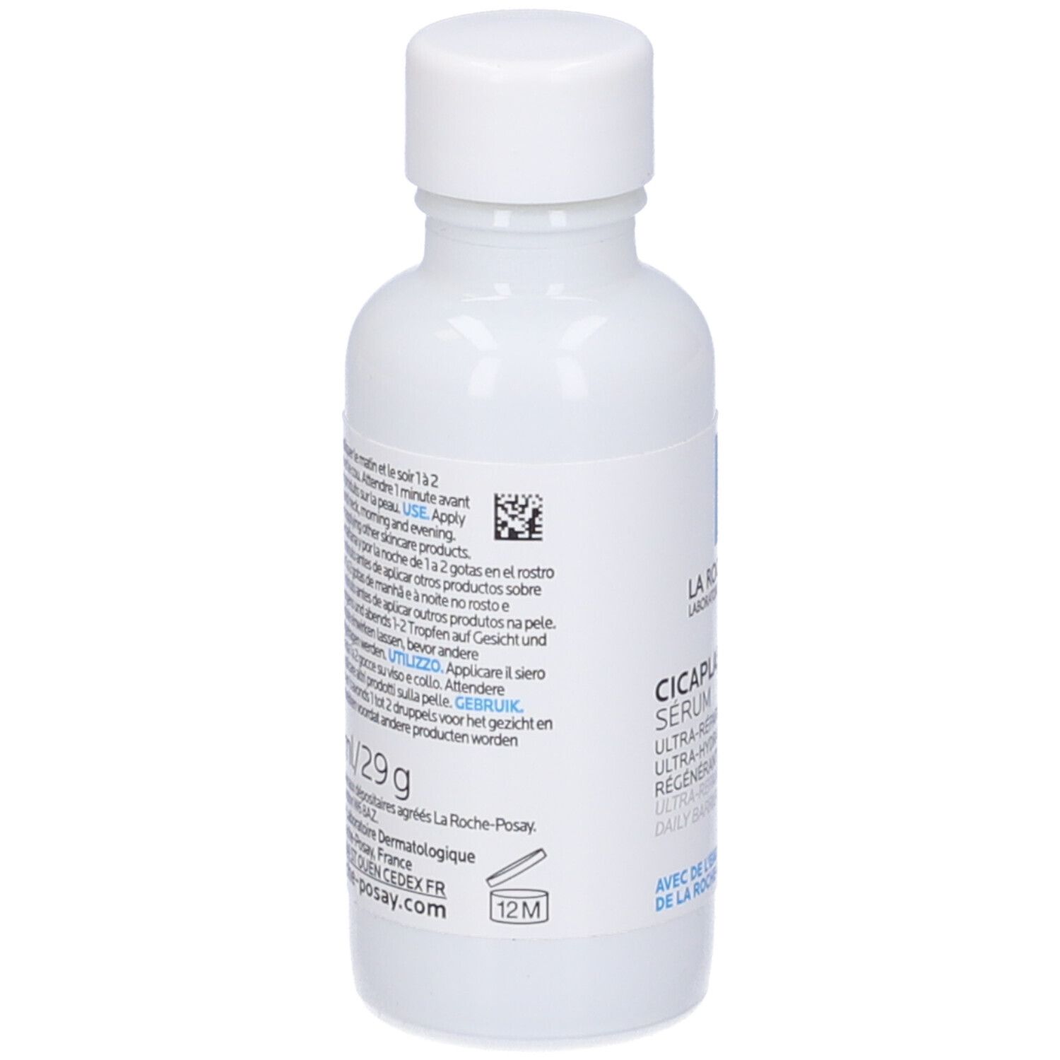 Retro del flacone bianco. Informazioni testuali e codice a barre. Nome del prodotto Cicaplast B5 Serum.