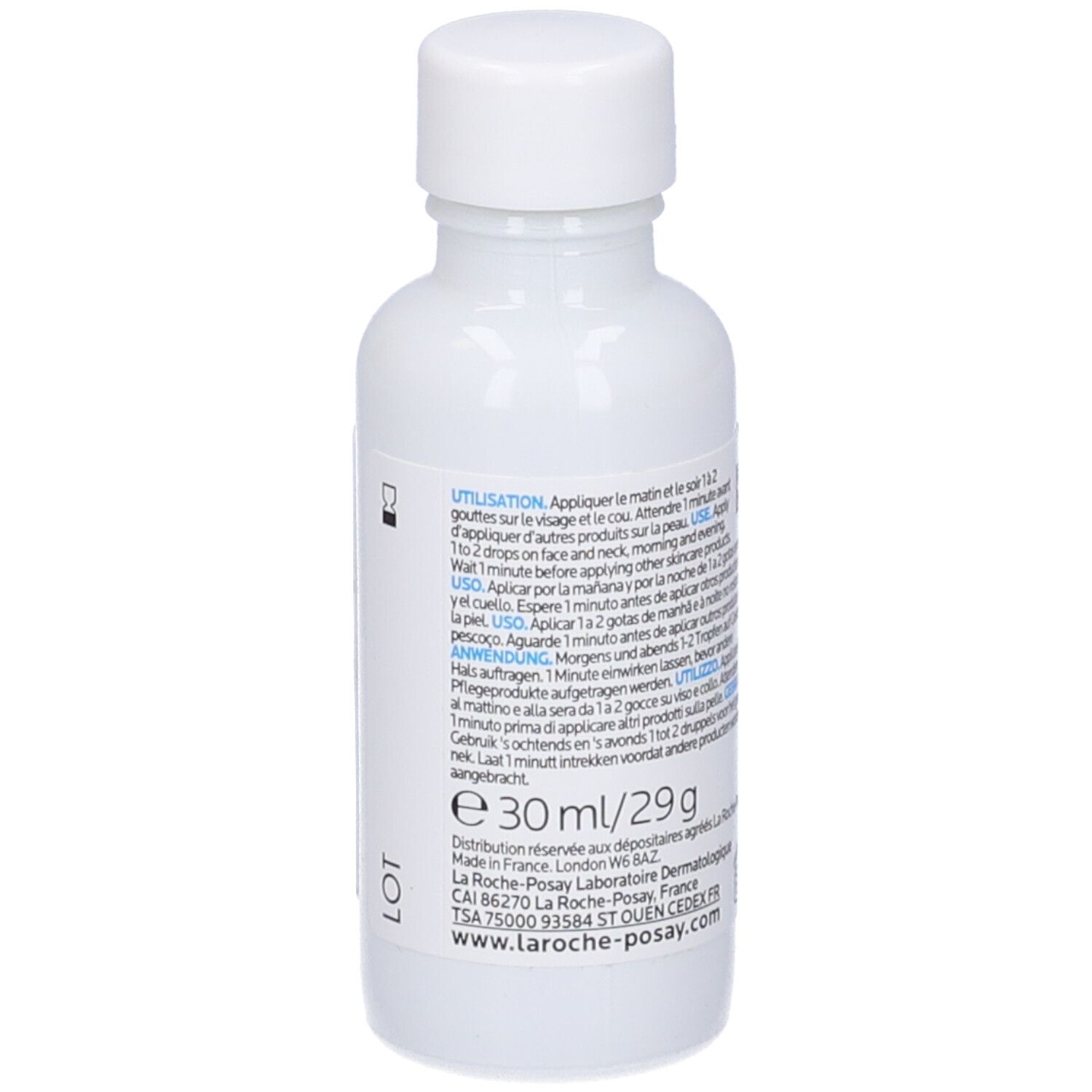 Flacone bianco con informazioni testuali. Nome del prodotto Cicaplast B5 Serum. Volume: 30 ml/29 g.