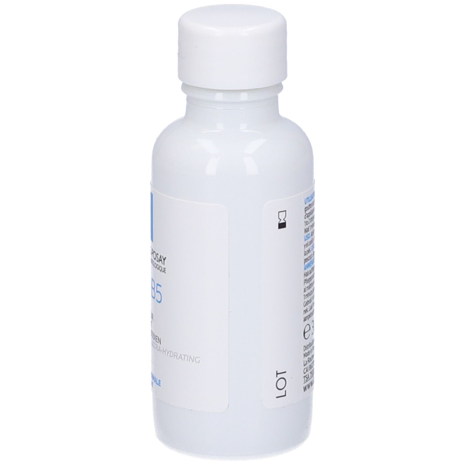 Flacone bianco con informazioni testuali. Nome del prodotto Cicaplast B5 Serum. Volume: 30 ml/29 g.