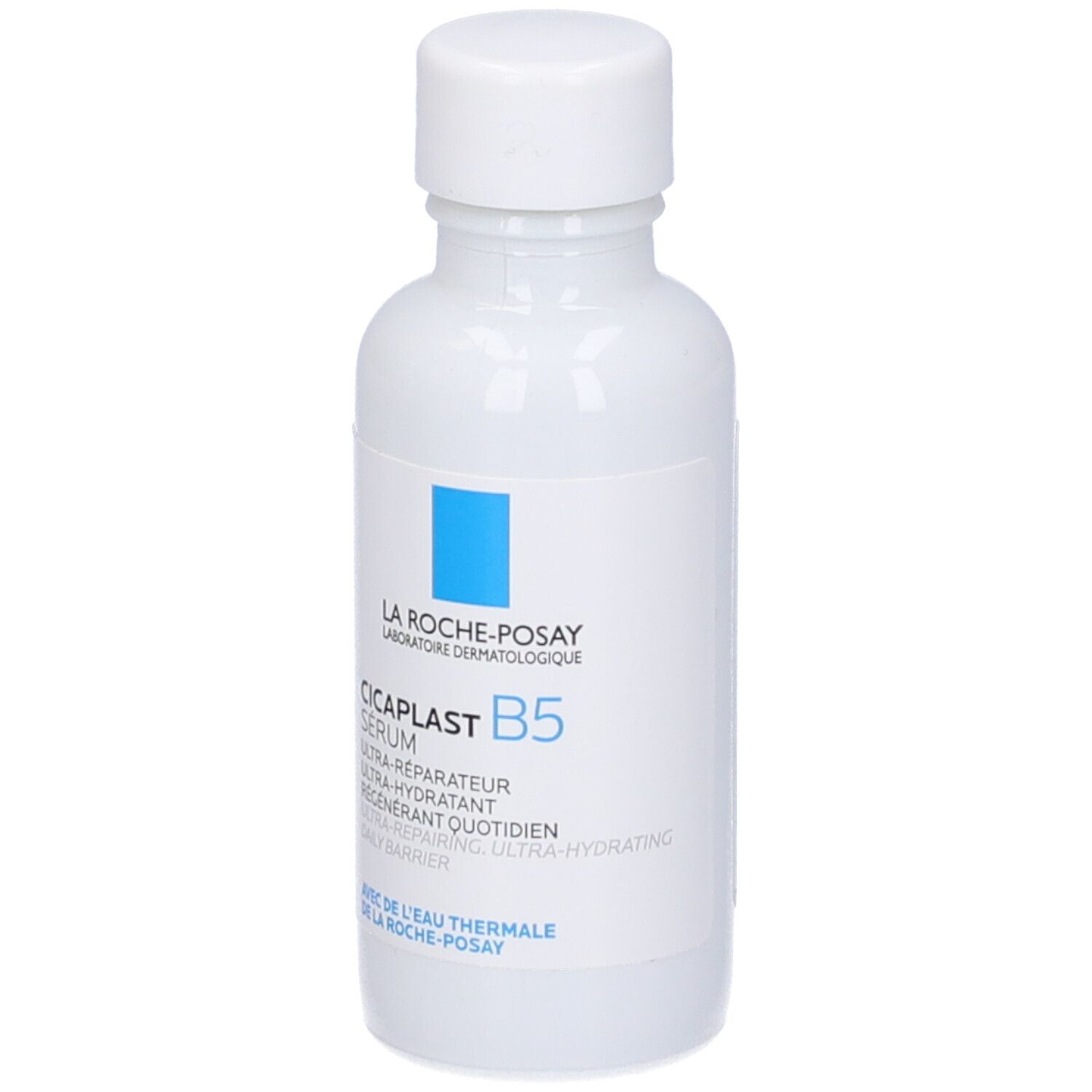 Flacone bianco con quadrato blu e scritta La Roche-Posay. Nome del prodotto Cicaplast B5 Serum.