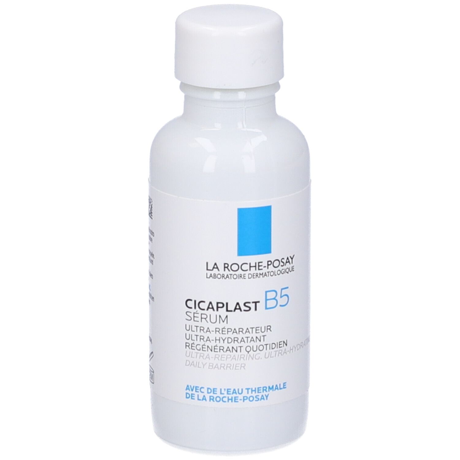 Flacone bianco con quadrato blu e scritta La Roche-Posay. Nome del prodotto Cicaplast B5 Serum.