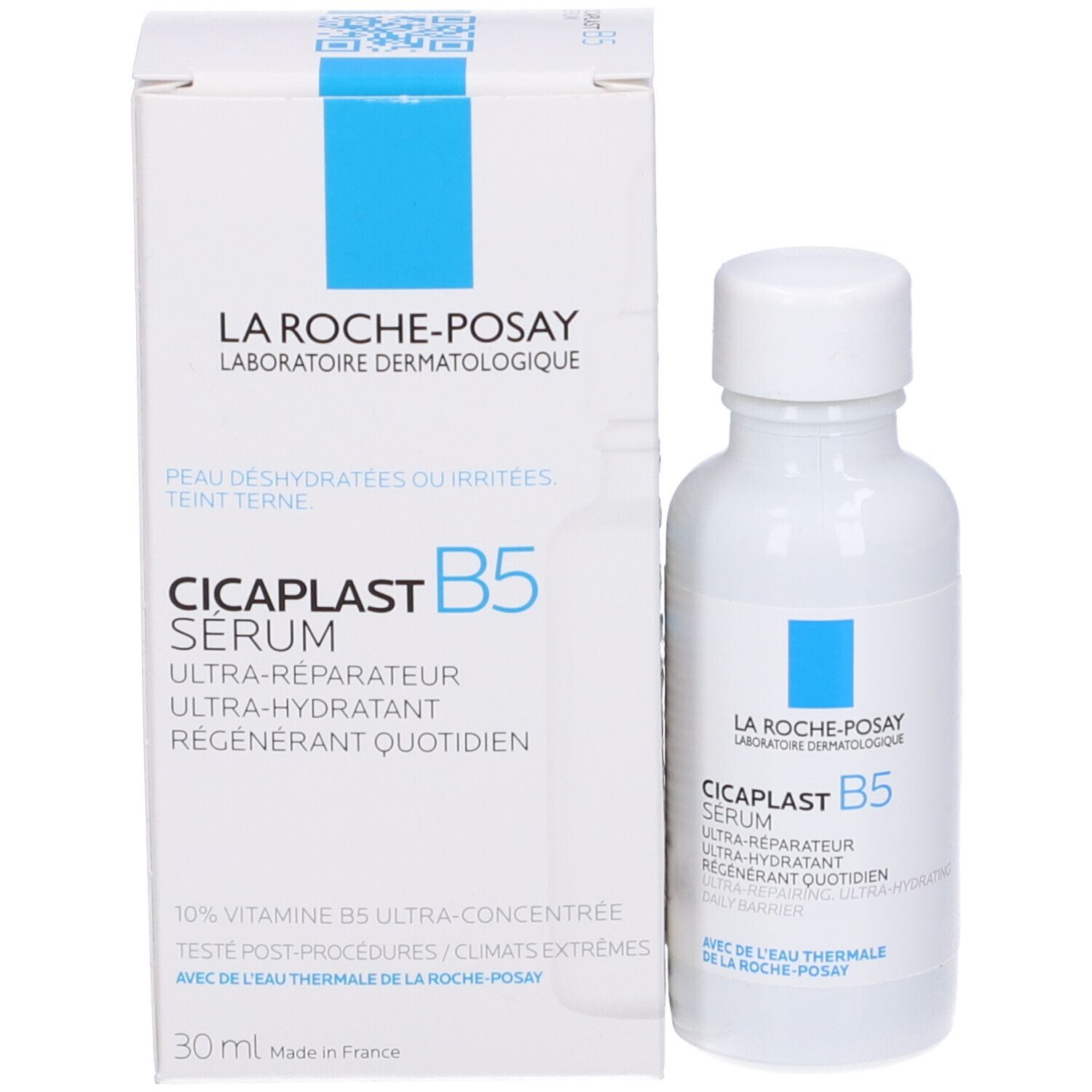 Confezione e flacone del prodotto. Nome del prodotto Cicaplast B5 Serum. Volume: 30 ml. Con quadrato blu.