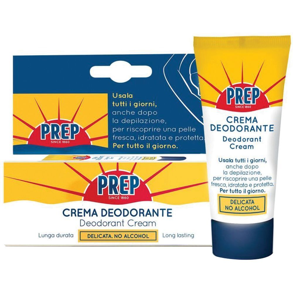 Tubo e scatola gialli con logo PREP e testo. Prodotto: Crema Deodorante. Design sole giallo. Accenti blu.