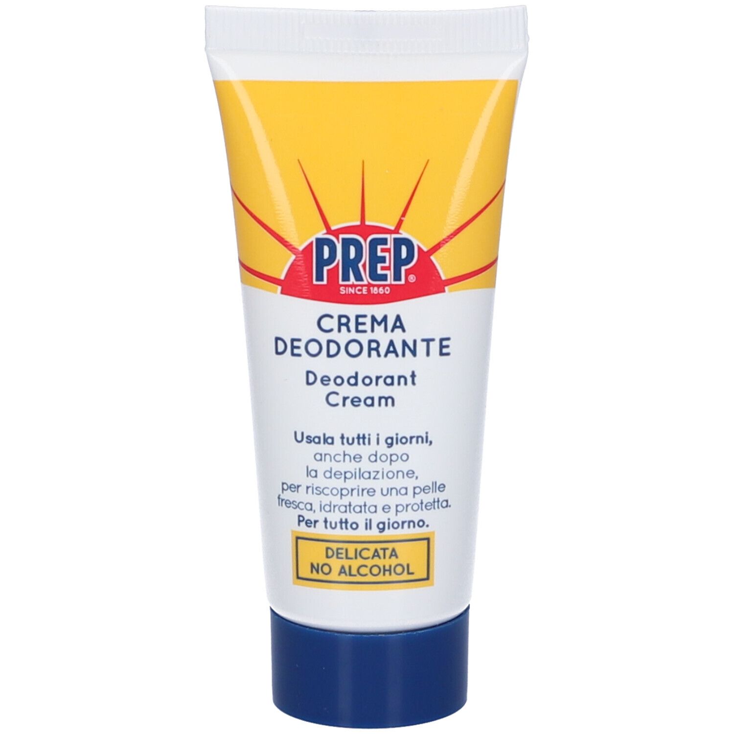 Tubo giallo con logo PREP e testo. Prodotto: Crema Deodorante. Tappo blu. Design sole giallo.