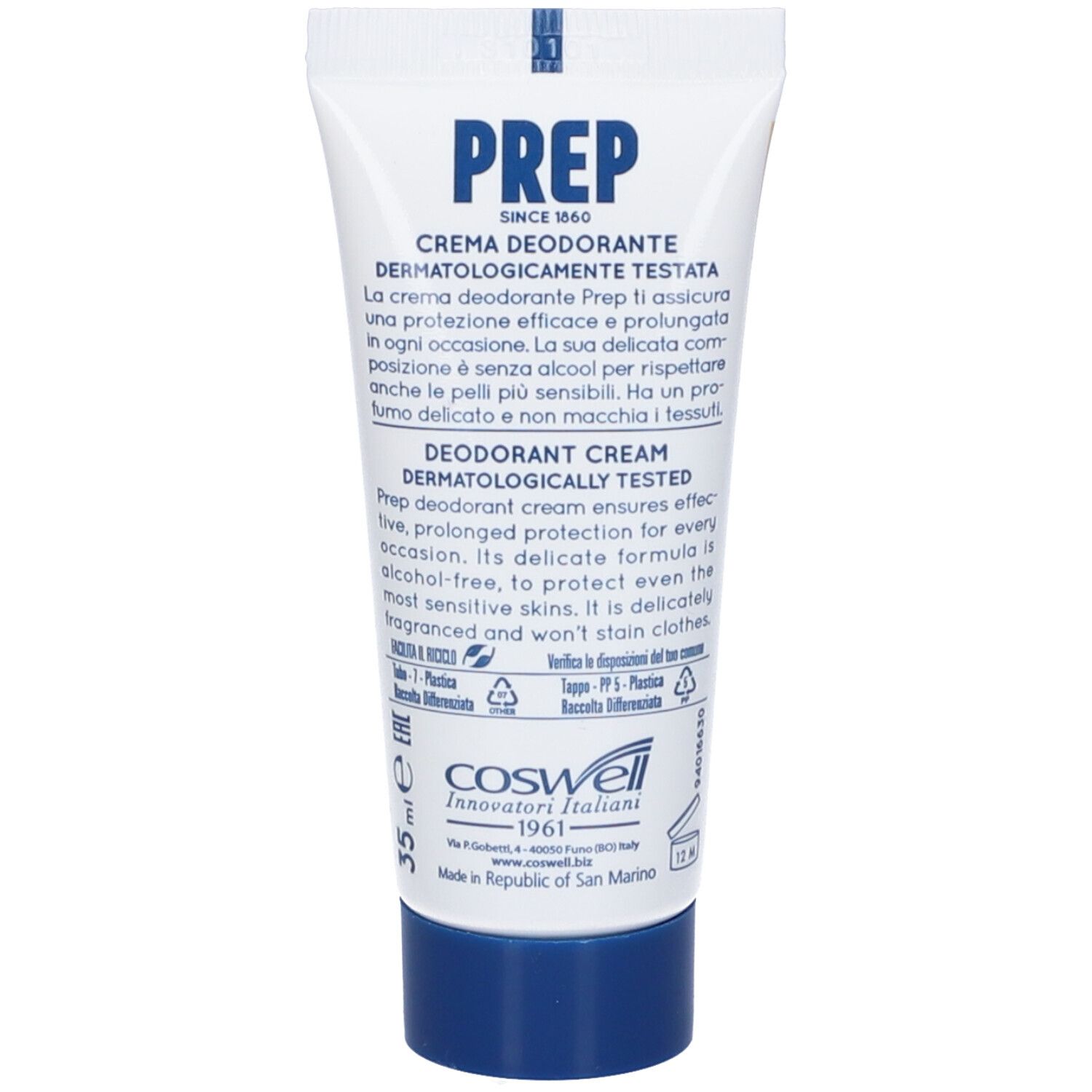 Tubo bianco con logo PREP e testo. Prodotto: Crema Deodorante. Tappo blu. Testo in tedesco e inglese.