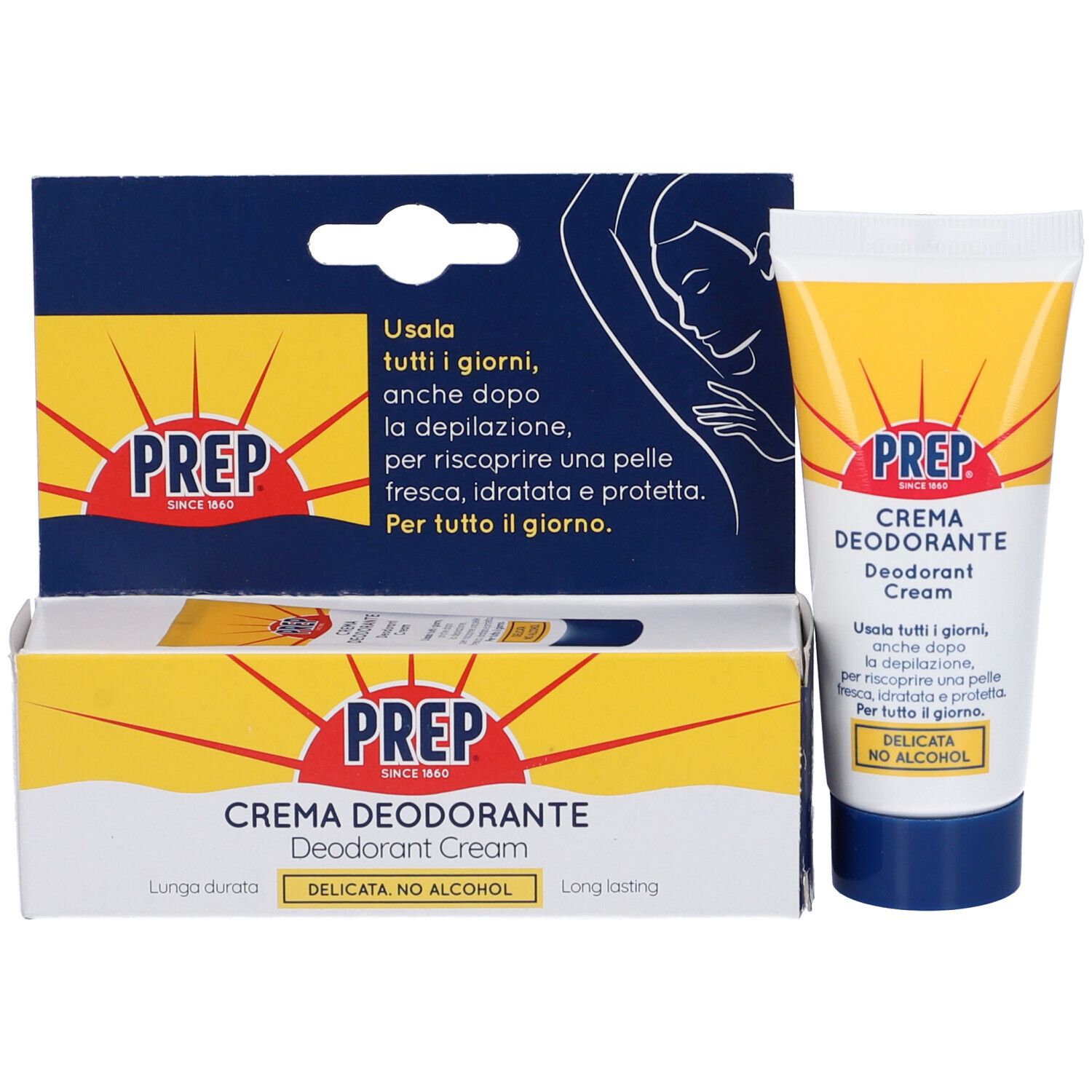 Scatola e tubo con logo PREP e testo. Prodotto: Crema Deodorante. Design sole giallo. Illustrazione di ascella.