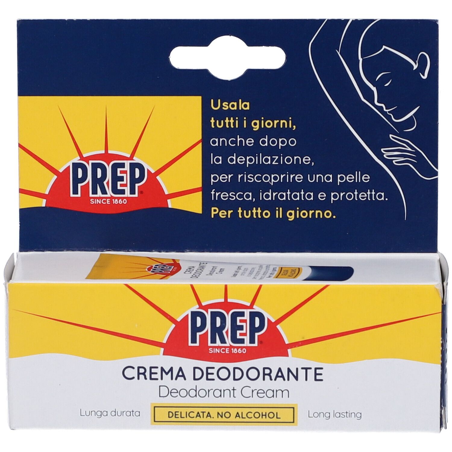 Scatola con logo PREP e testo. Prodotto: Crema Deodorante. Design sole giallo. Illustrazione di ascella. Pennello.
