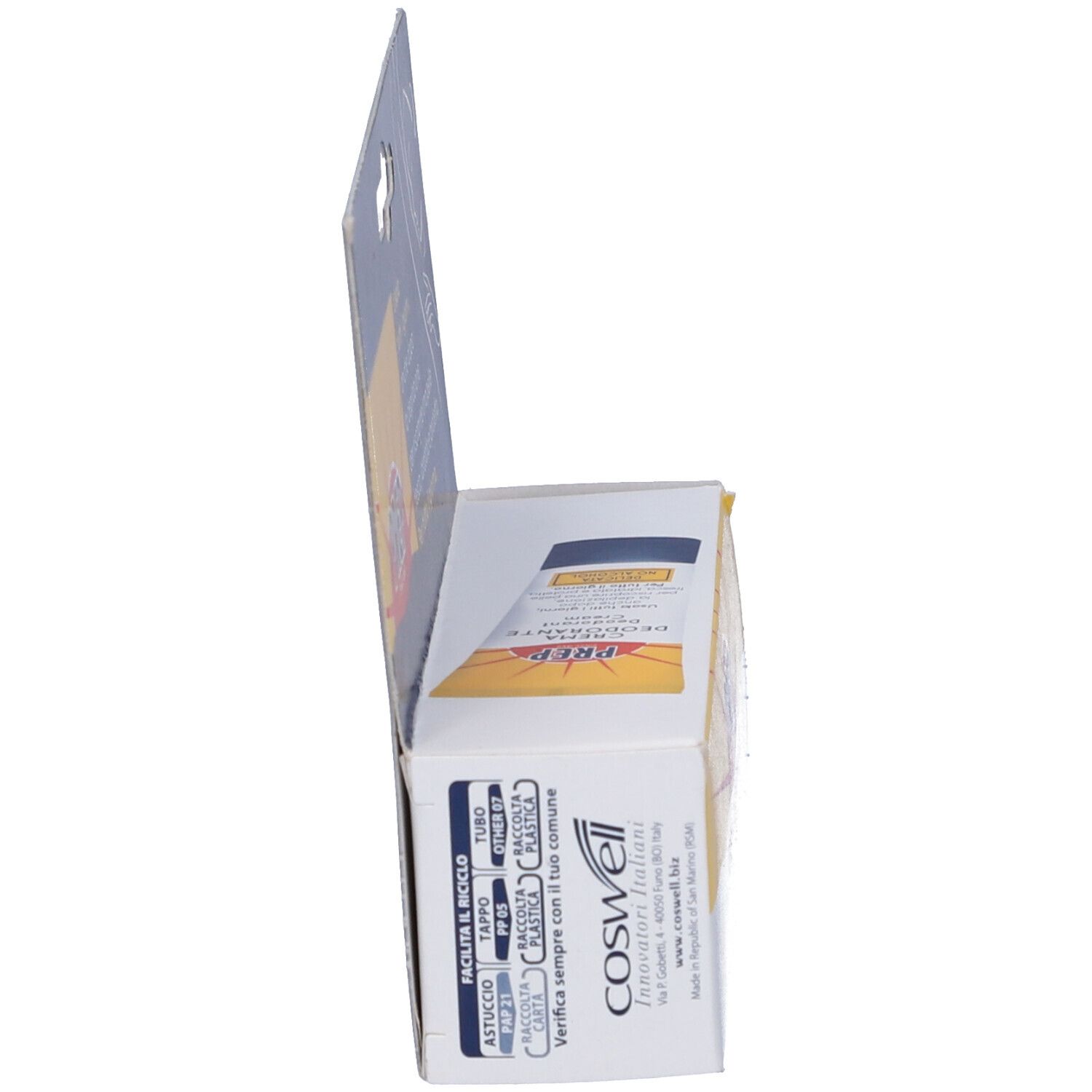 Scatola, vista laterale. Logo PREP e testo. Prodotto: Crema Deodorante. Testo e loghi. Informazioni produttore.